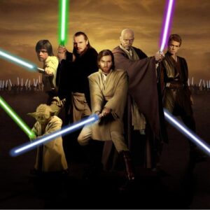 Characters from the movie Star Wars wielding light swords