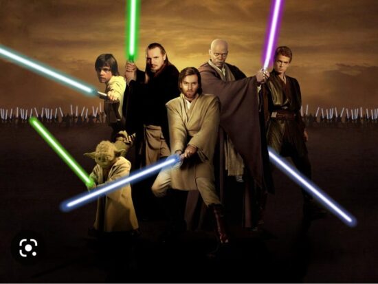 Characters from the movie Star Wars wielding light swords